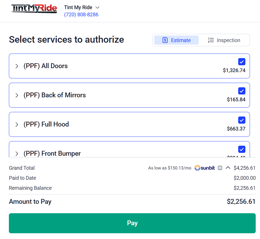 TintMyRide service authorization